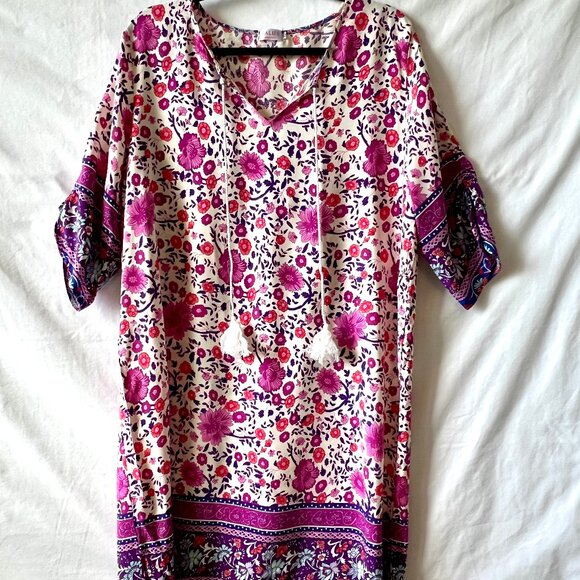 Halife Pink Floral Lightweight Boho-Chic Tunic Tassel Shift Dress, Size XL, EC - Picture 2 of 9